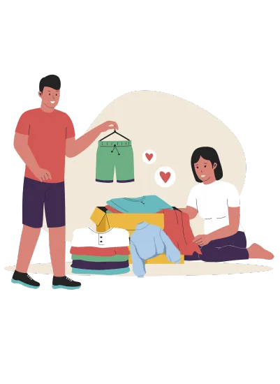 DonateToReduce-HomeBanner-Web A graphic showing two people packing up clothes into a cardboard box for a clothing collection.